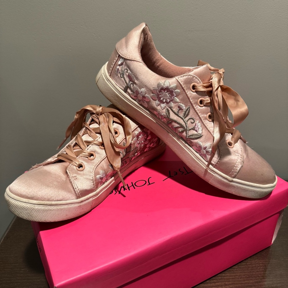 Betsey Johnson Blush Pink Satin with Floral Embroidery Sneakers Shoes! 7